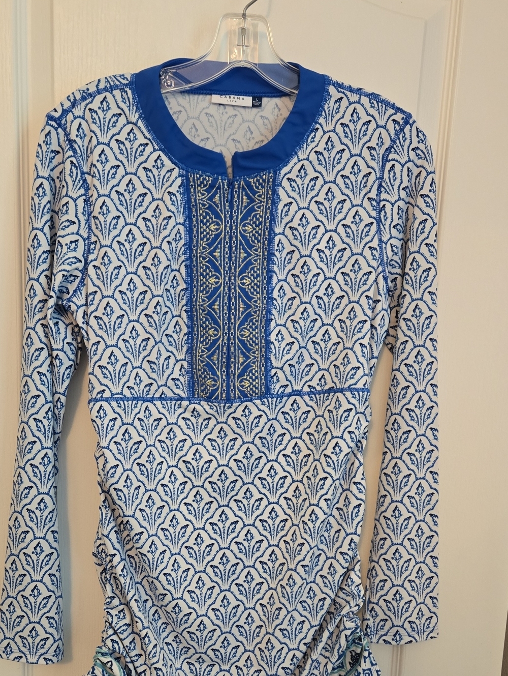 Cabana Life Blue and White Printed Tunic Top Swim Cover Up Or Mini Dress.